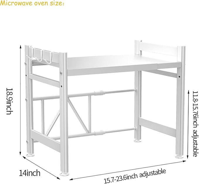 Expandable Microwave Oven Rack, Double Layer Carbon Steel Adjustable Microwave Shelf, Toaster Rack Heavy Duty Stand Kitchen Countertop Organizer, 55 lb Load Bearing, 2 Tier with 6 Hooks (White )