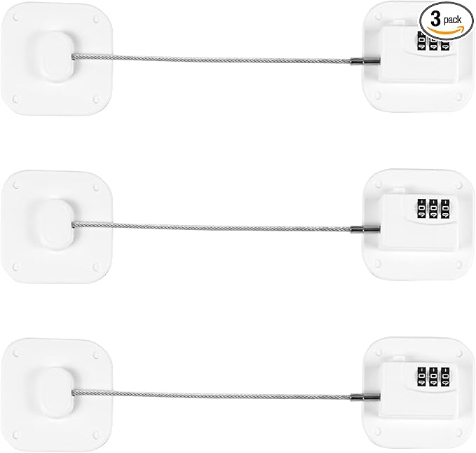 Refrigerator Lock, Heavy Duty Fridge Lock, Combination Lock for Refrigerator Cabinets, Drawers, Safety, Easy Install No Keys Needed (White-3Pack)