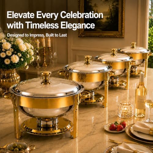 Chafing Dishes for Buffet, Cookriva 4 Pack 6QT Round Stainless Steel, Gold - Image 7