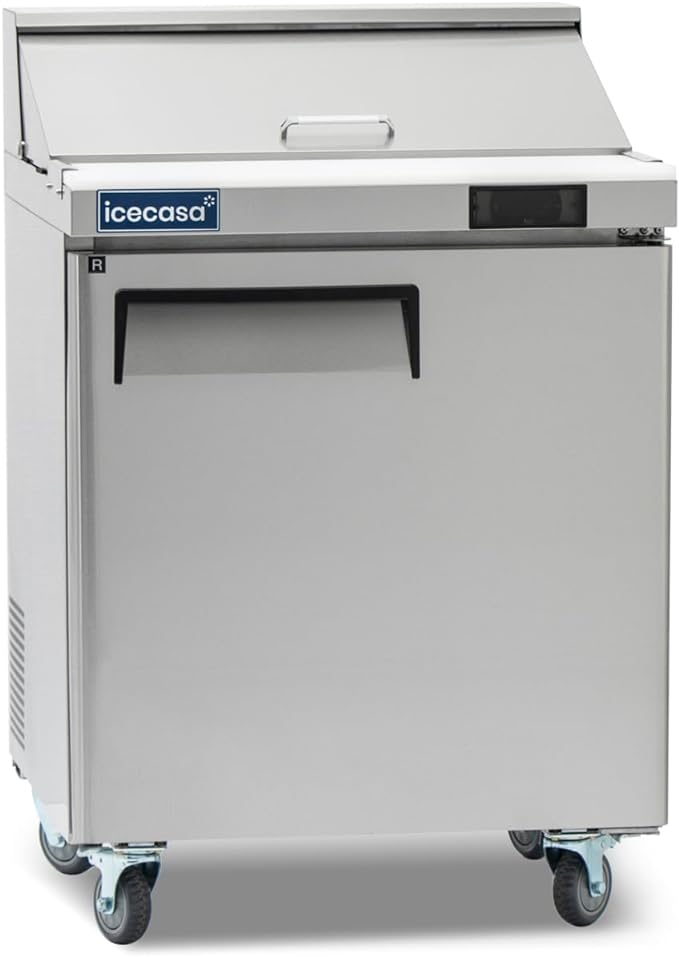 ICECASA 27" W Commercial Refrigerator Sandwich&Salad Prep Table single Door Stainless Steel Counter Fan Cooling Refrigerator with 8 pans-27 Inches for Restaurant, Bar, Shop, etc