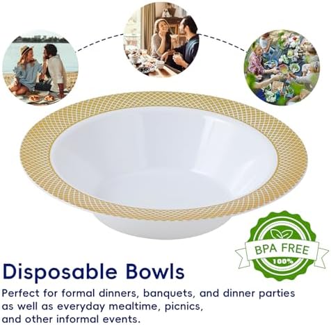 JOLLY CHEF Plastic Bowls with Gold Grid Rim Disposable 12oz Bolws 50Pack - Image 4