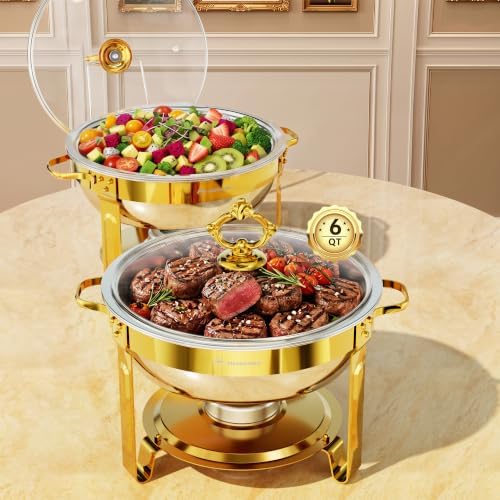 Chafing Dishes for Buffet, 6QT 2 Pack Round with Glass Lid, Gold by IMXSUMDA