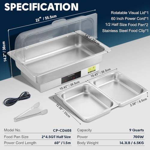 Electric Buffet Food Warmer with Touch Control, 2 * 4.5QT Half Size Stainless Steel Chafing Dish with Roll Top Lid for Catering and Events - Image 6
