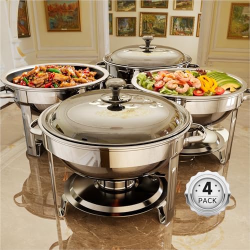 Chafing Dishes for Buffet, 4 Pack 5QT Round Stainless Steel Chafing Dish Set for Home Parties, Christmas Gatherings, Catering Events Complete Buffet Warmer Set (Silver 4) - Image 2