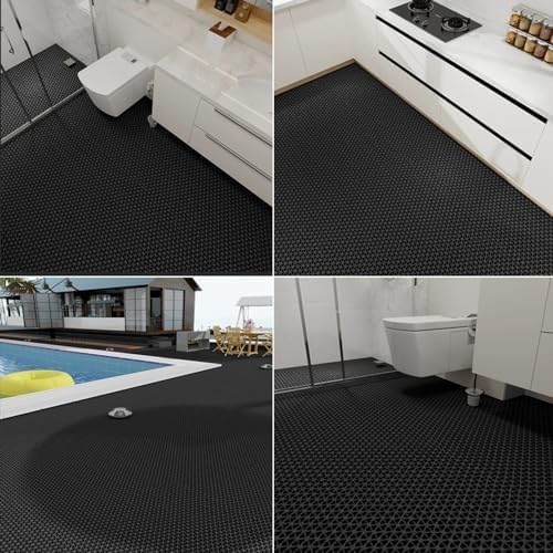 PVC Drainage Floor Mat Non-Slip Commercial Wet Area Mat for Outdoor and Indoor Restaurant Kitchen Bar Swimming Pool Splash Matting Water Drain Flooring Mat (Black, 3FTX16.4FT)