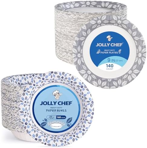 JOLLY CHEF 160 Count Paper Bowls 20 oz Printed Disposable Bowls Bulk, 9 inch 140 Pack Disposable Paper Plates by JOLLYCHEF