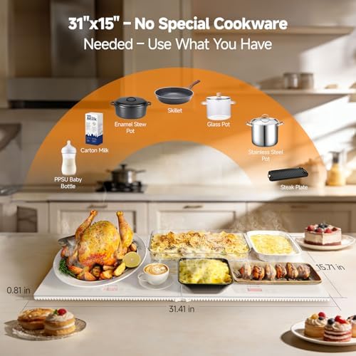 FEPPO Electric Warming Tray with Independent Temp Control, 31"x15" Glass Surface Warming Mat for Food, 10 Temp Settings and Timer, 2-in-1 Food Warmers for Parties Buffet - Image 5