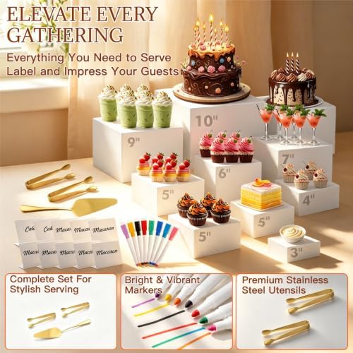 10 Pcs Buffet Risers with Mini Sign and Maker Serving Tongs Cake Cutter, White Acrylic Food Display Stands for Buffet Table Party Catering Dessert Nesting Cube Boxes with Hollow Bottoms (10",9",8",7",6",5",5",4",4",3") - Image 5