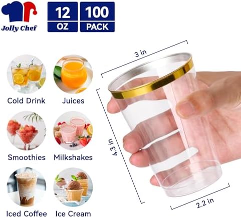 JOLLY CHEF Gold Rimmed Plastic Cups 12 oz 100 Pack Disposable Cups - Image 2