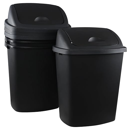 4 Pack Swing Top Waste Container for Home and Kitchen, Commercial Trash Can with Lid, 70 Liter/19 Gallon Capacity, Black