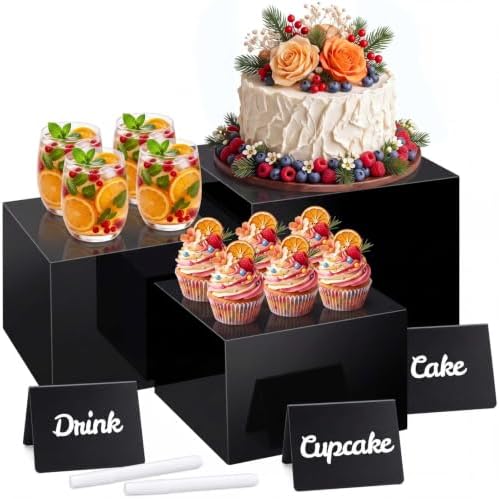 SiliFine 3 Pcs Acrylic Buffet Risers with Price Signs and Markers, Black by SiliFine