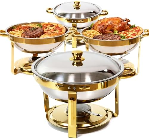 6QT Gold Chafing Dishes for Buffet, Round Chafing Dish Buffet Set of 4 Pack by Unknown