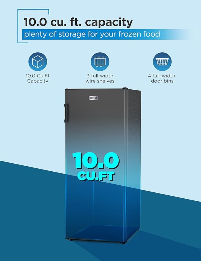 BLACK+DECKER 10 Cu. Ft. Upright Freezer, Stand Up Freezer with Mechanical Temperature Control, Freezer Upright with 3 Shelves and 4 Door Bins, Manual Defrost, R600a Refrigerant, BUF1000LB, Black