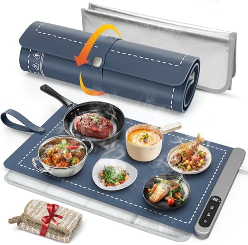 FYY Warming Mat for Food with Heat Resistant Pad, Prevent Countertop Cracks, Keep Meal Warm, Rapid and Full Surface Heating, 6 Temp Settings, 6H Timer, Upgraded Rollable Portable Food Warmer Mat Blue by FYY