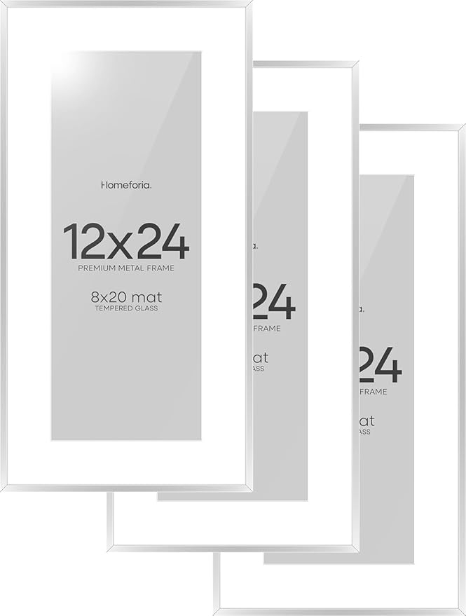 Homeforia 12 x 24 Picture Frame Silver, High End Metal 12x24 Poster Frames with Mat 8x20 Photo, 12 x 24 Silver Frames Matted to 8 x 20 Print, 24by12 Panoramic Frame, Tempered Glass, Wall Kit, Set of 3