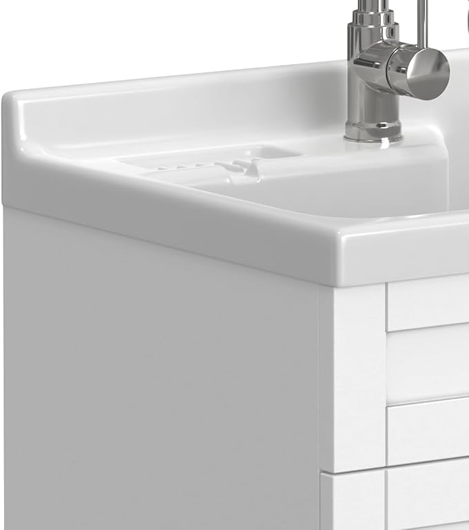 SIMPLIHOME Hennessy All-in-One 28 inch Wide Utility Sink and Laundry Cabinet in Pure White Finish, Transitional ABS Sink Cabinet for Laundry Rooms with High-Arch Chrome Faucet and Pull-Out Spray