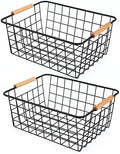 Black 2PCS Wire Storage Baskets with Wooden Handles for Pantry Organizer by ELEATTRUN