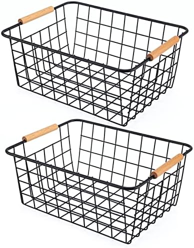 Black 2PCS Wire Storage Baskets with Wooden Handles for Pantry Organizer by ELEATTRUN