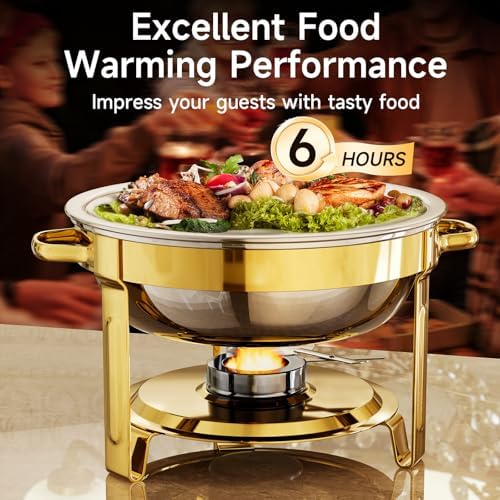 Chafing Dishes for Buffet, 4 Pack 5QT Round Stainless Steel Chafing Dish Set for Home Parties, Christmas Gatherings, Catering Events Complete Buffet Warmer Set (Golden 4) - Image 2