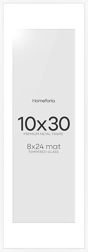 Homeforia 10x30 Picture Frame White, High End Metal 10x30 Poster Frames with Mat 8x24 inch Photo, 10 x 30 White Frames Matted to 8 by 24 Print, 30x10 Panoramic Frames, Tempered Glass, Wall Kit, Set of 1