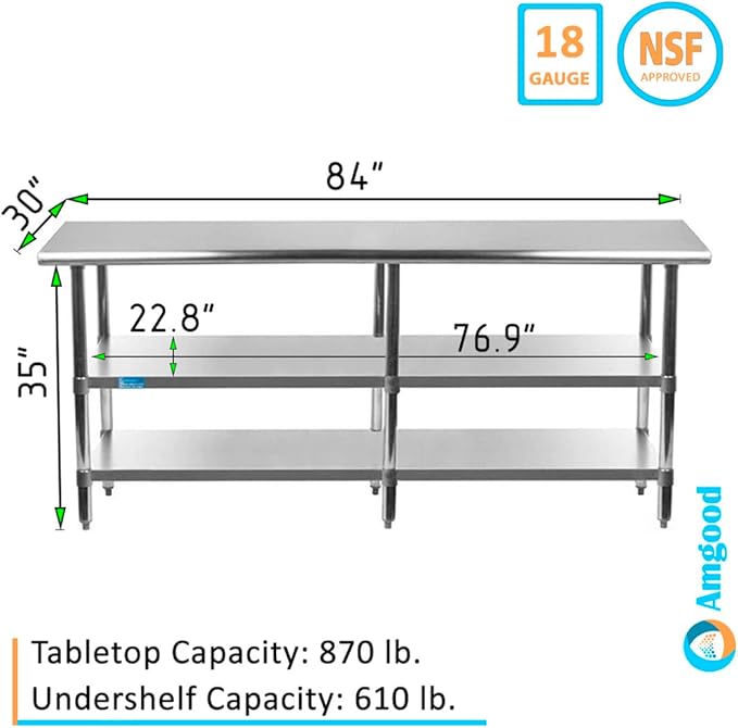 AmGood Stainless Steel Work Table with 2 Shelves | NSF | Metal Utility Table (84" Long x 30" Deep)