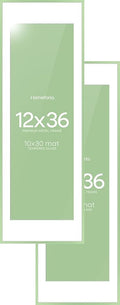 Homeforia 12x36 Sage Green Picture Frame, High End Metal 12by36 Poster Frames with Mat 10x30 Photo, 12 x 36 Green Frame Matted to 10 x 30 Art, 36x12 Panoramic Frame, Tempered Glass, Wall Kit, Set of 2