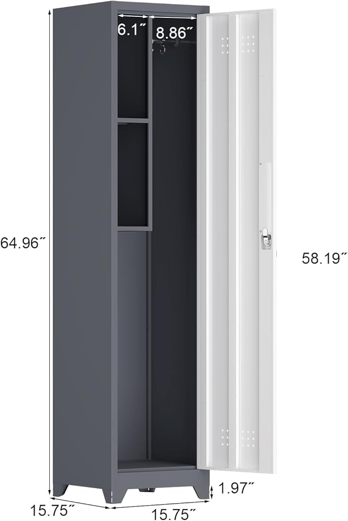 Narrow Storage Cabinet,Metal Slim Cabinet with Shelves,Utility Storage Cabinet with Hanging Rod,Tall Bathroom Storage Cabinets with Locking Door for Office, Gym, Garage,Grey