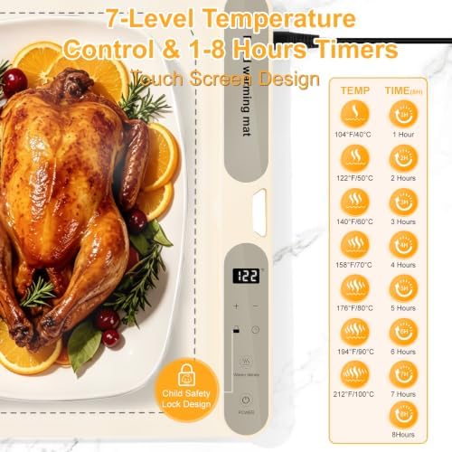 XXXL Food Warming Mat for Buffets, (47"x15") Extra Large Electric Food Warming Mat with [Heat-Resistant Mat], 7 Level Temp & 8 Hours Timer, Portable Food Heating Pad for Party Countertop, Beige - Image 4