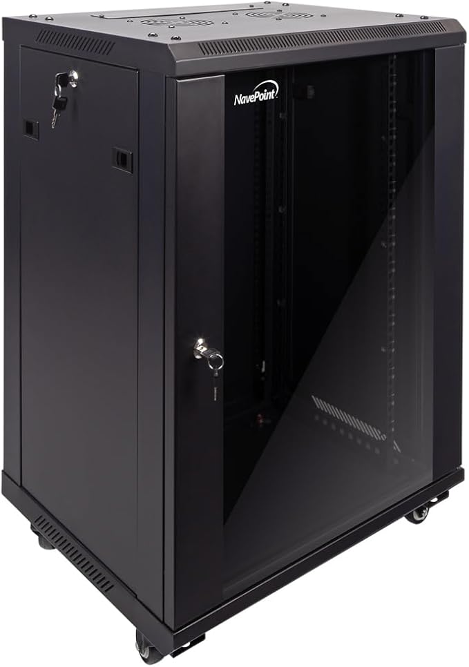 NavePoint 15U Server Cabinet Wall Mount Rack Enclosure with Caster Wheels, Includes 2 Fans, Locking Glass Door, Removable Side Panels – 15U Network Cabinet 17.7” Deep, 19”Server Rack for IT Equipment