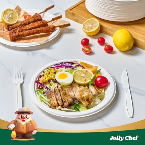 JOLLY CHEF 9 Inch Paper Plates, White Compostable Plates 150 Pack - Image 2