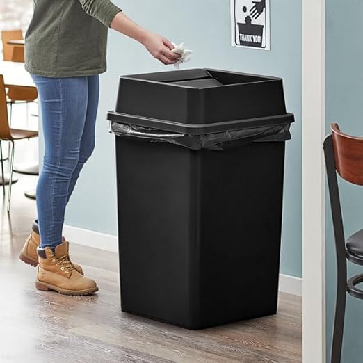 Square Trash Can with Drop Shot Lid, 35 Gallon, Black, 19.5W x 27.6H inches