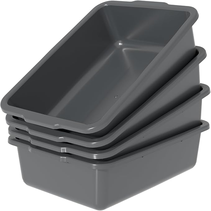 35 Quart Commercial Bus Tubs, Plastic Bus Box Dish Pan Basin, Gray, 4 Packs