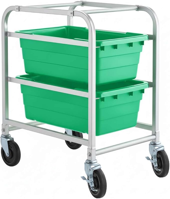 19"x26"x32" Mobile Aluminum Lug Rack with 2 Green Meat Lugs/Tote Boxes - NSF Heavy-Duty Commercial Storage Cart, Portable Aluminum Utility Rack with Casters for Kitchen, Restaurant, or Food Prep