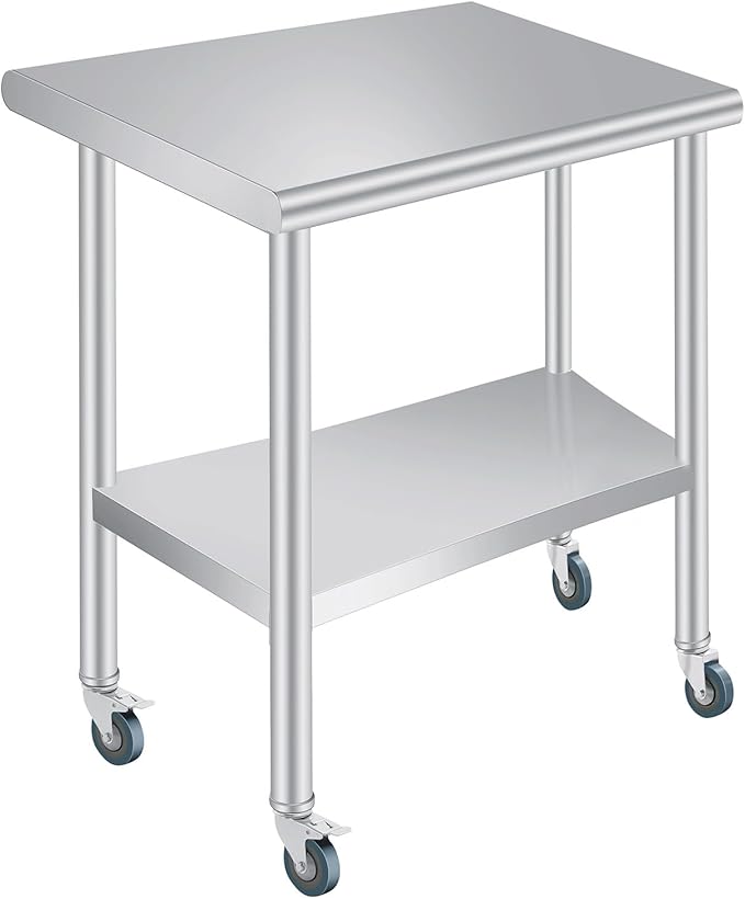  Stainless Steel Prep Table, 24 x 36 Inches Heavy Duty Commercial , with Rounded-Corner, Adjustable Undershelf and 4 Caster Wheels, Heavy Duty Work Table with Adjustable Under Shelf for Outdoor, Res