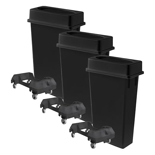 3 pack 23 Gallon Waste Bin with Lid & Dolly, Heavy-Duty Trash Can, Slim Rectangular Garbage Bin, Durable Waste Container, Recycling Bin, Plastic Wastebasket for Kitchen, Garage, Restaurants, Office