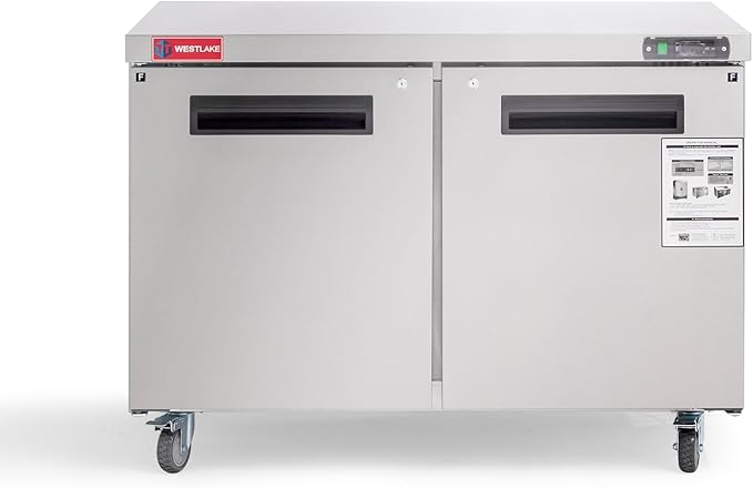WESTLAKE 48" W Commercial Freezer Worktop Undercounter Freezer 12 Cu.ft Double Door Stainless Steel Counter Fan Cooling Freezer Food Prep Station for Restaurant, Bar