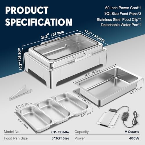 Electric Chafing Dish, 3 x 3QT Buffet Warmer with Glass Lids - Image 7