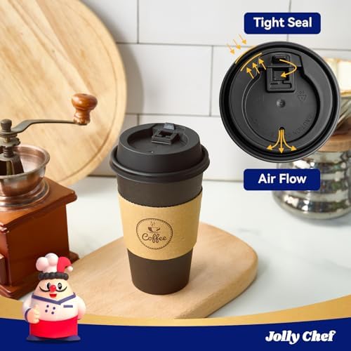 JOLLY CHEF 16 oz Black Coffee Cups with Lids, Sleeves & Stirrers 100 Pack - Image 5