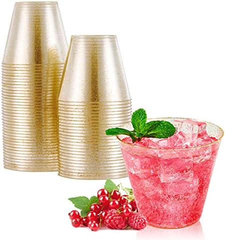 JOLLY CHEF 50 Pack 9 oz Gold Glitter Plastic Cups, Disposable Party Cups by JOLLYCHEF
