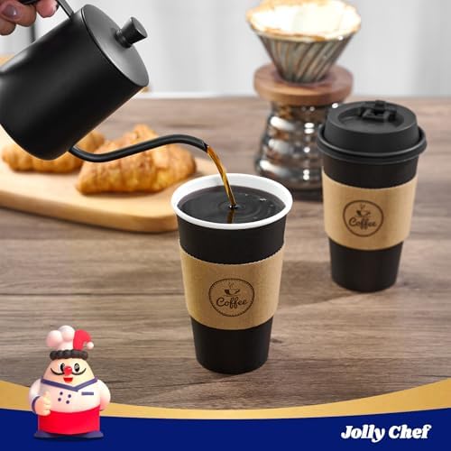 JOLLY CHEF 16 oz Black Coffee Cups with Lids, Sleeves & Stirrers 100 Pack - Image 3