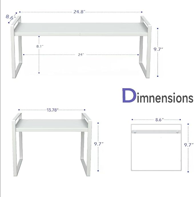Microwave Oven Rack Expandable Countertop Heavy Duty Microwave Shelf 2-Tier Adjustable Metal Storage Shelf Rack for Kitchen (White-S)