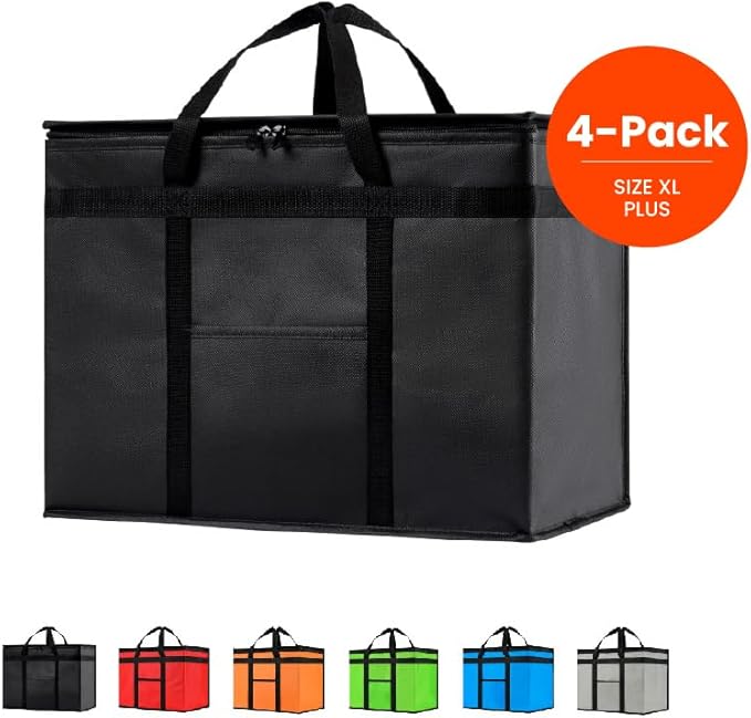 NZ home Insulated Bags for Food Delivery (XL Plus) Grocery Shopping Cooler Bag, Pizza Delivery, Hot & Cold Catering Tote, Reusable, Foldable & Heavy Duty (4 Pack, Black)
