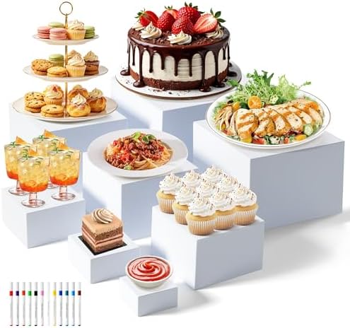 Nestable Buffet Risers - 8 Pcs White Acrylic Food Risers with Signs & Markers – Sturdy Dessert Table Display Stands for Parties, Catering, Jewelry & Collectibles (Easy-Store Stackable Cubes: 10'',9'',8", 7", 6", 5", 4", 3") by Unknown