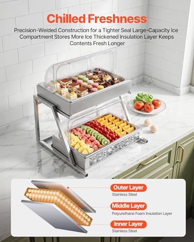 VEVOR Countertop Food Serving Display Container, 2 Tier Stainless Steel Food Salad Server Tray, Buffet Condiment Dispenser, Ice Cooled Rack with Clear Roll Top Cover, for Restaurant Hotel (1/1 Pan x2) - Image 2