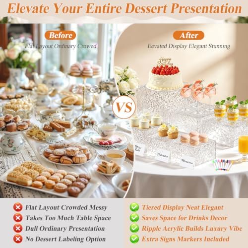 Acrylic Buffet Risers with Mini Sign and Maker, Clear Hammered Water Ripple Dessert Display Stands for Catering Cakes Cupcakes Desserts Drinks Décor Acrylic Display Risers Stackable Nesting Storage - Image 3