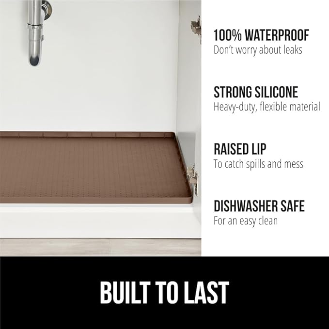 GORILLA GRIP Waterproof Silicone Under Sink Mat with Raised Lip for Kitchen and Bathroom, Cabinet Shelf Liner Stay in Place Mats Dishwasher Safe Drawer Liner, Organizer Tray, 15 x 22 in, Coffee