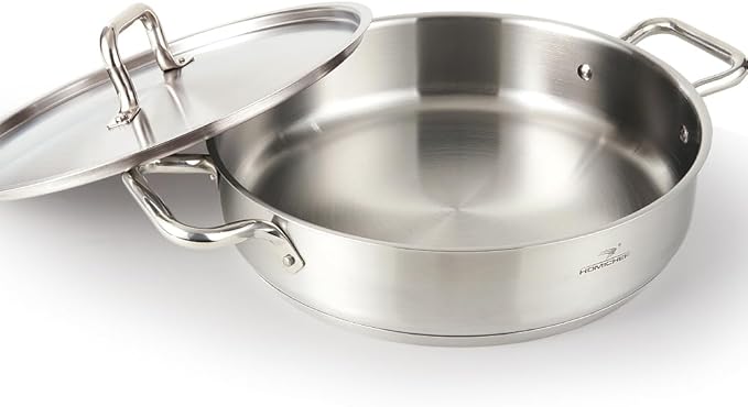 HOMICHEF Braiser Pan 5 Quart with Lid Nickel Free Stainless Steel - Matte Polished Deep Saute Pan Non Toxic - 5 Qt Braiser with Stainless Steel Lid Induction