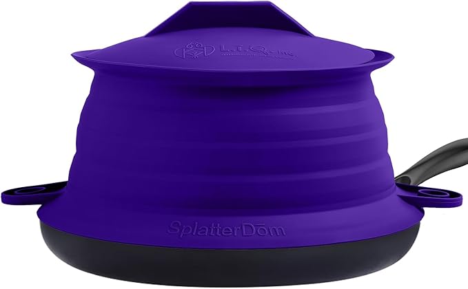 L.I.Q Silicone Splatter Guard – Fits 10 and 12 Inch Pots (25 and 30 Centimeters) – Microwave Safe and Durable SplatterDom - Includes 10” Lid - Food and Oil Splash Guard (Violet, Large)