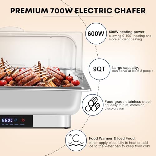 Electric Chafing Dish Buffet Server Set, Stainless Steel Full Size & Half-Size &Three-Section Food Pan with Temp Control, Roll Top Stainless Steel Food Warmers for Catering Buffet - Image 2