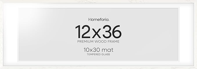 Homeforia 12x36 White Picture Frame, High End Oak 12x36 Wood Poster Frames with Mat 10x30 Art, 12 x 36 White Wooden Frames Matted to 10 by 30, 36x12 Panoramic Frame, Tempered Glass, Wall Kit, Set of 1